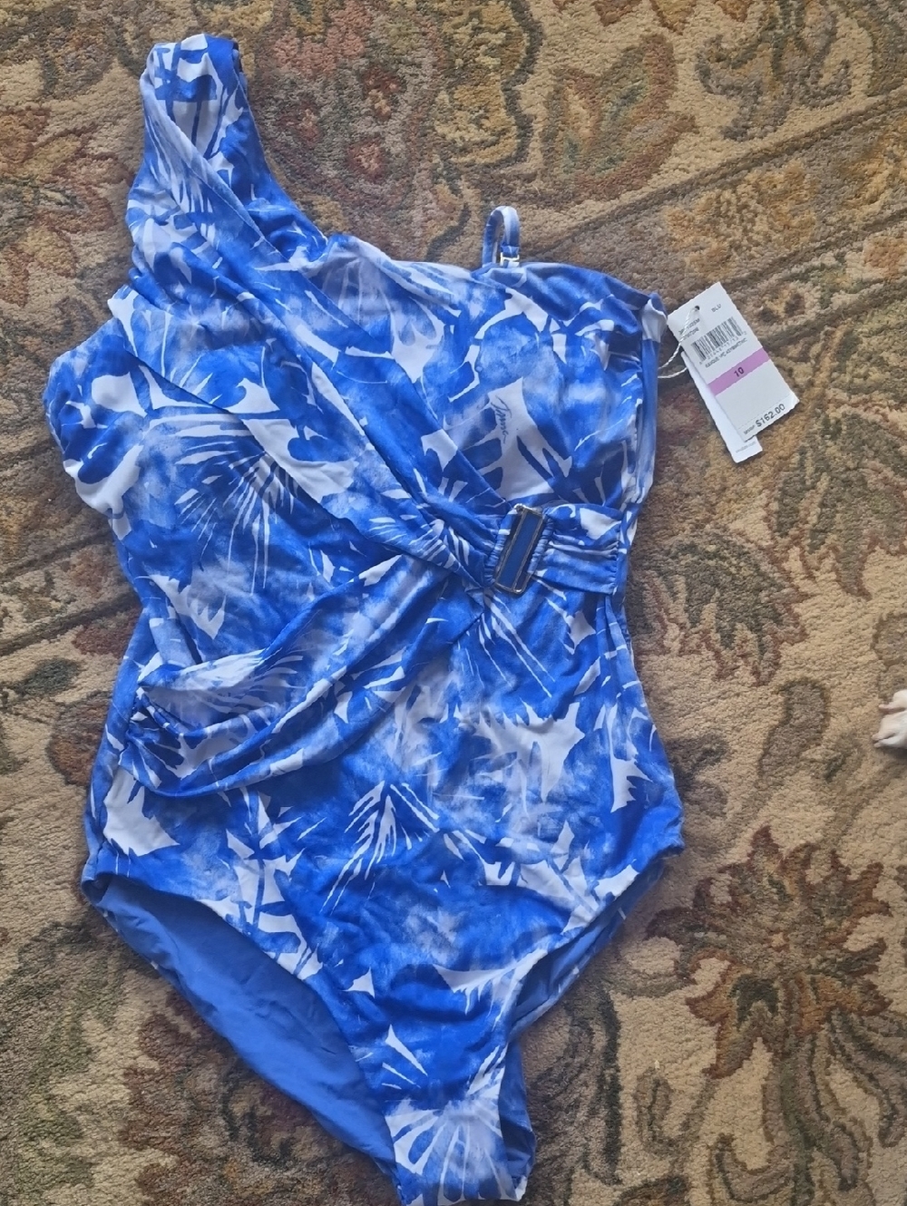 NWT Trina Turk Blue and White One Shoulder Swimsuit